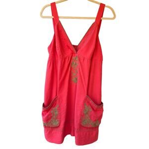 Y2K Red/Pink Boho Embroidered Pocket Mini Dress – Size Medium